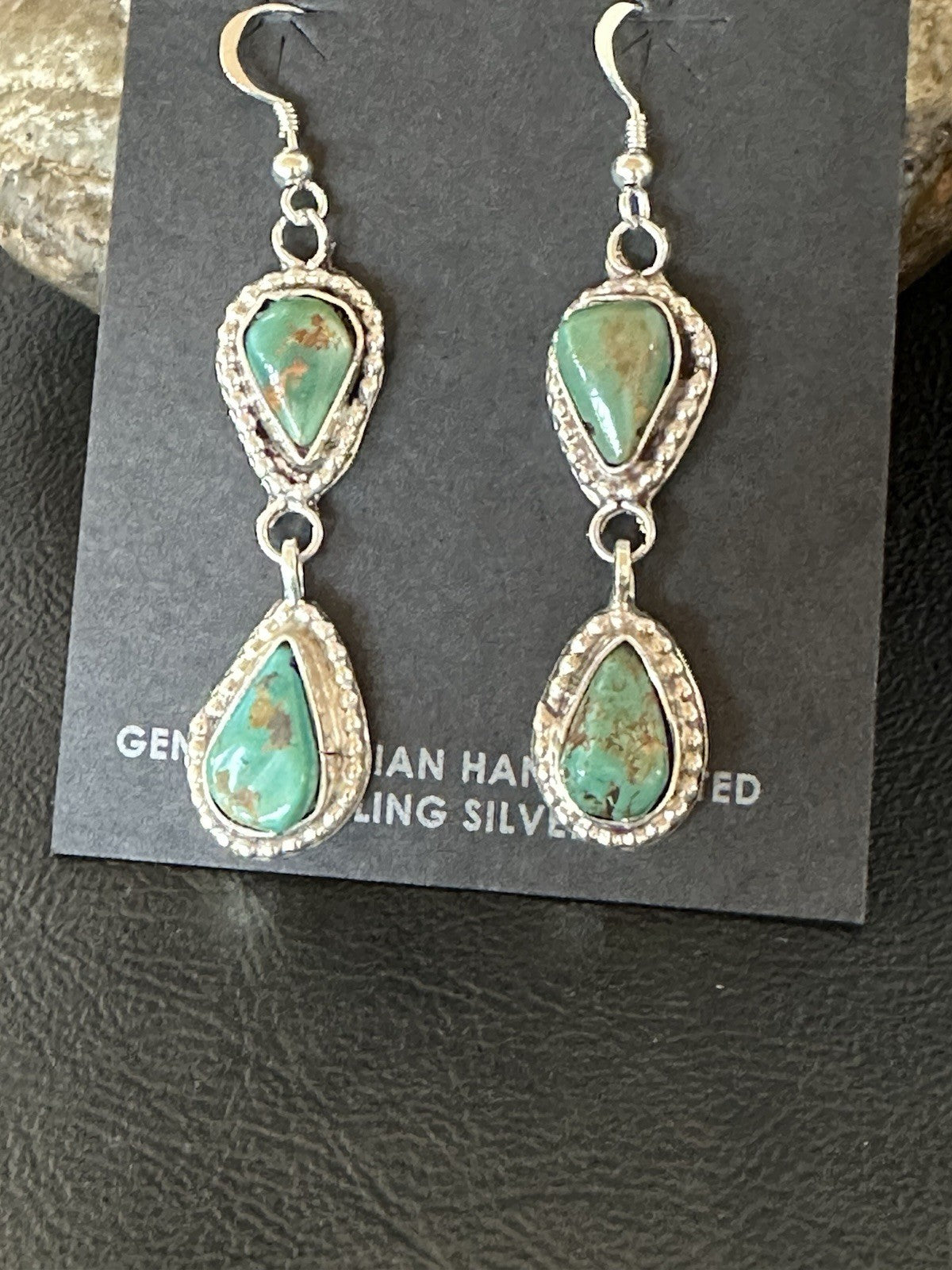 Green Royston Turquoise Navajo Sterling Silver Dangle Earrings 19371