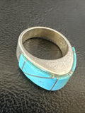 Blue Turquoise Navajo Inlay Band Ring Size 7 | Sterling Silver | Authentic Native American Handmade | 18814