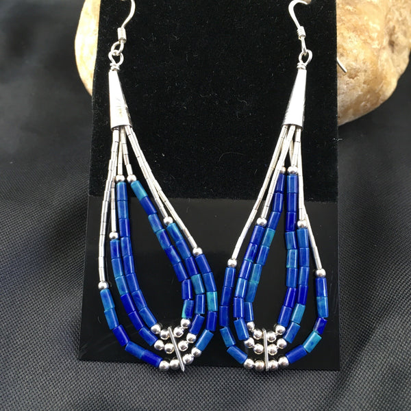 Blue Lapis 3 Strand Heishi Liquid Dangle Earrings | Sterling Silver | Authentic Native American Handmade | 2013