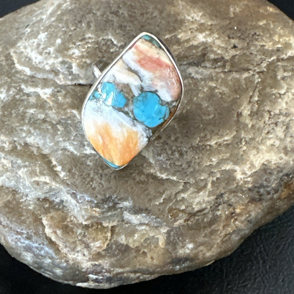 Blue Turquoise Spiny Oyster Navajo Ring Size 8 | Sterling Silver | Authentic Native American Handmade | 18250