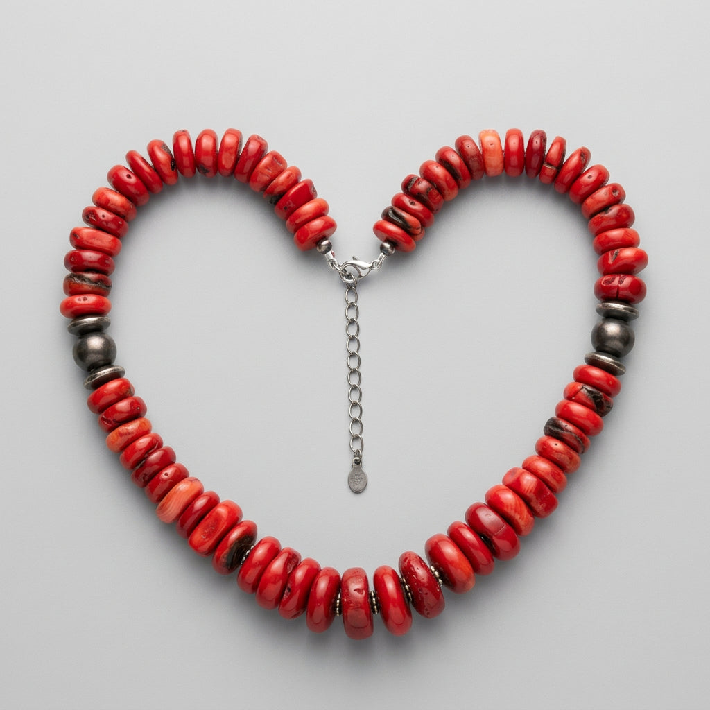 Native Navajo Graduated Red Coral Sterling Silver Bead 18" Necklace 11559