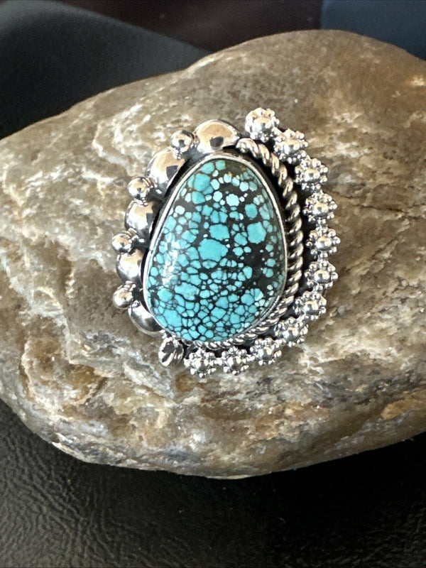 Navajo Spiderweb Turquoise Ring Sz 8 | Sterling Silver | Authentic Native American Handmade | 19617