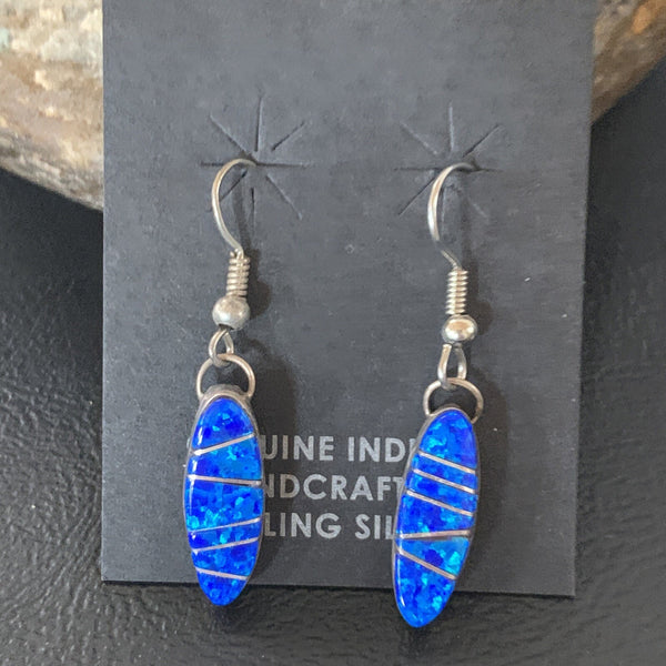 Women's Blue Opal Inlay Navajo Dangle Earrings | Sterling Silver | Authentic Native American Handmade | 12838