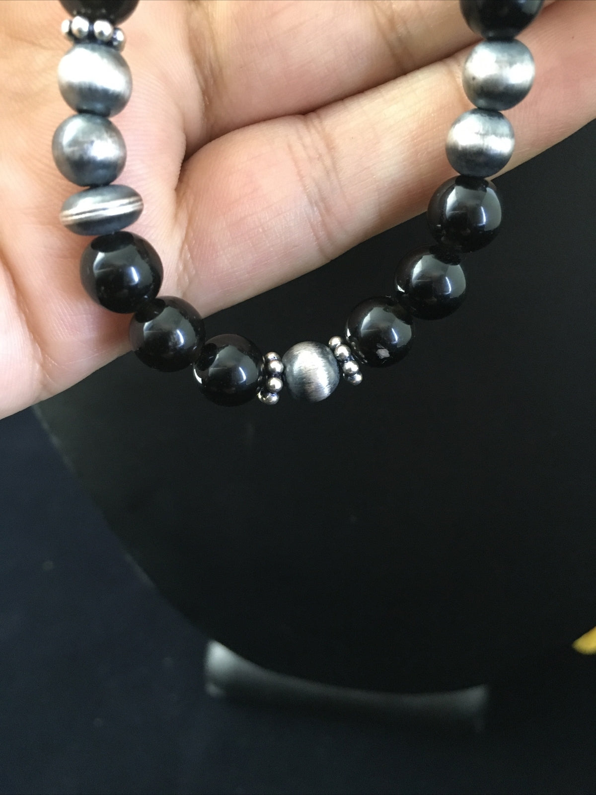 Mens Black Onyx Navajo Sterling Silver Bead Necklace 1743