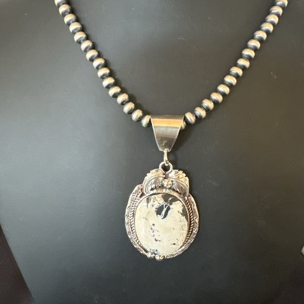 White Buffalo Turquoise Pendant Navajo Pearls Necklace | Sterling Silver | Authentic Native American Handmade | 19338