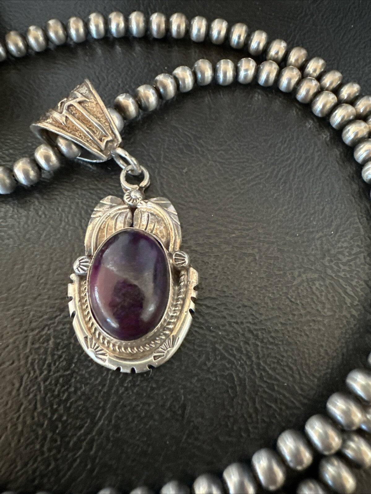 Purple Stone Pendant Navajo Pearls Sterling Silver Necklace 20” 18404