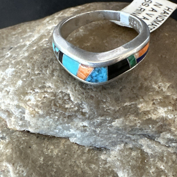 MultiColor Navajo Turquoise Spiny Oyster Inlay Ring Sz 7 | Sterling Silver | Authentic Native American Handmade | 18710