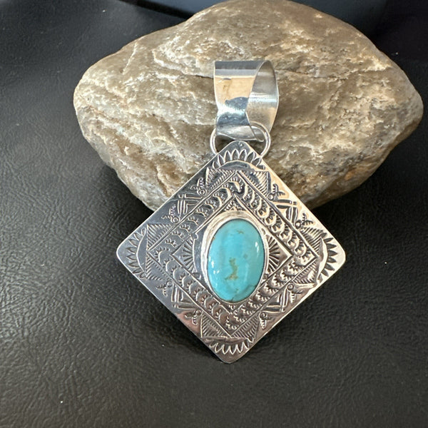 Men Women Blue Kingman Turquoise Pendant Navajo H Joe | Sterling Silver | Authentic Native American Handmade | 19520