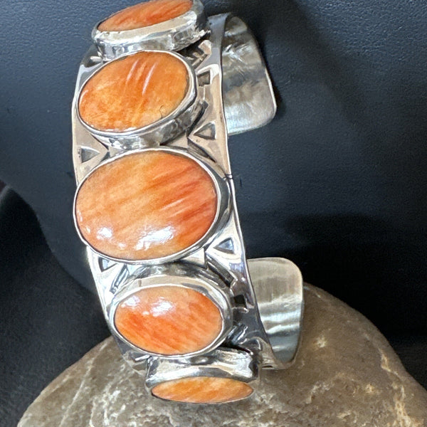 Stamped Orange Spiny Oyster Navajo 5 Stone Cuff Bracelet | Sterling Silver | Authentic Native American Handmade | 17941