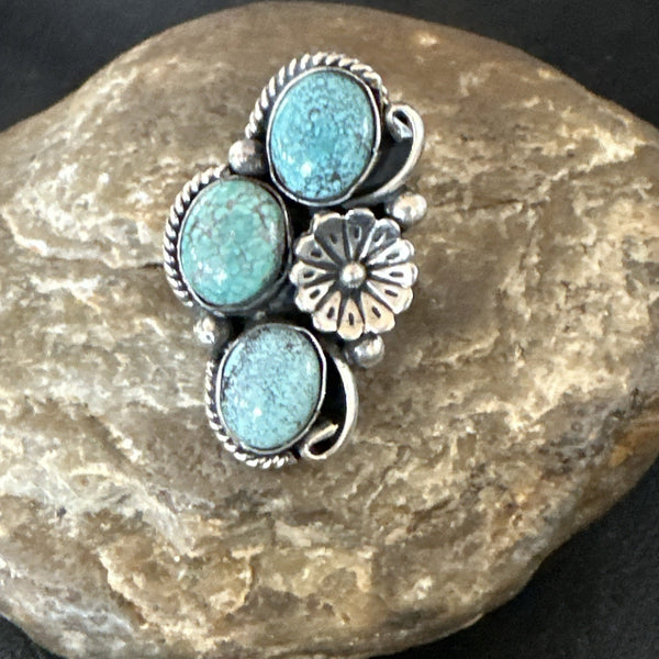 Yazzie Ring Blue Turquoise Navajo Cluster Size 7 | Sterling Silver | Authentic Native American Handmade | 19240