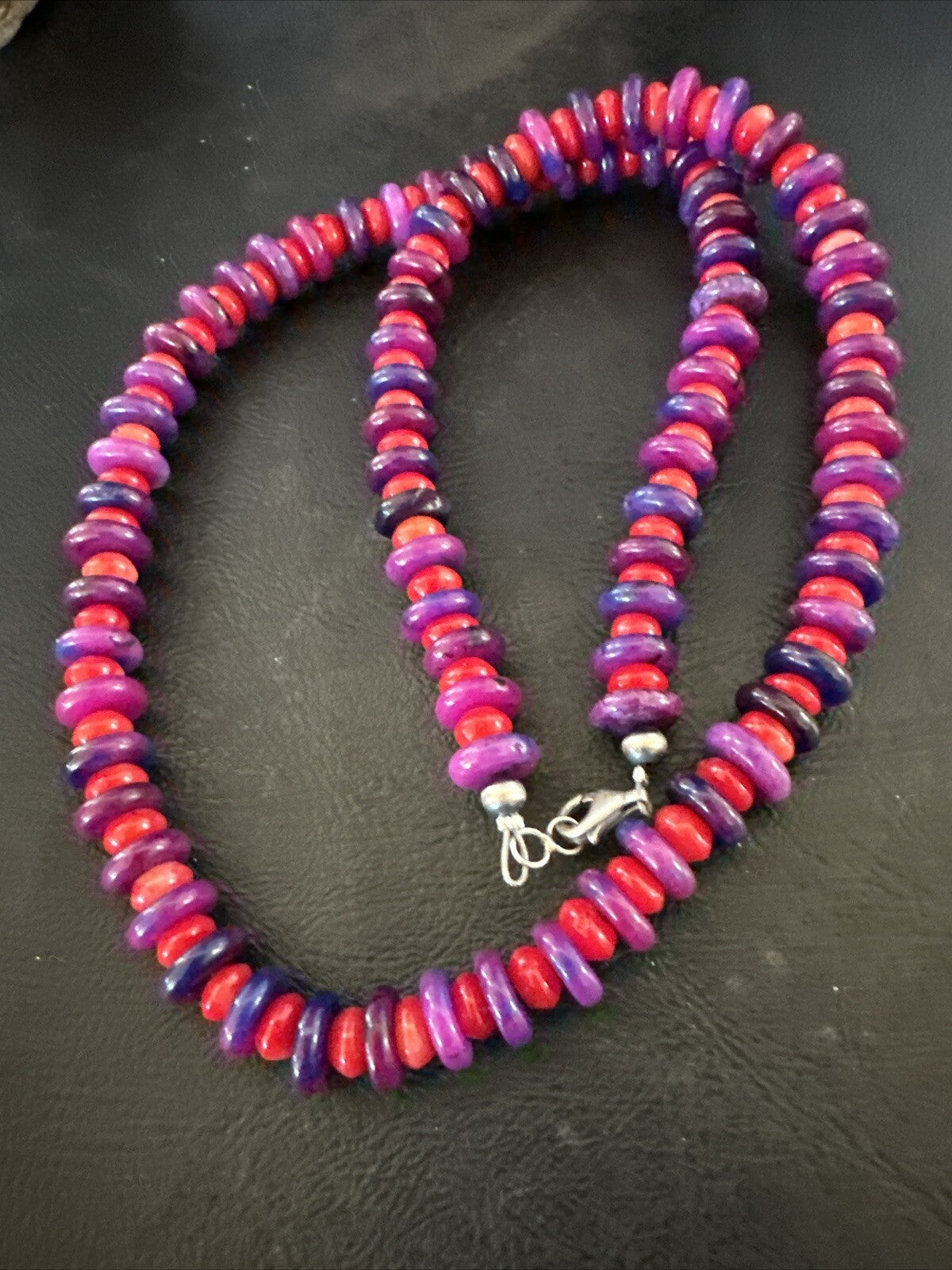 10mm Purple Stone Red Coral Bead Navajo Sterling Silver Necklace 23” 17832