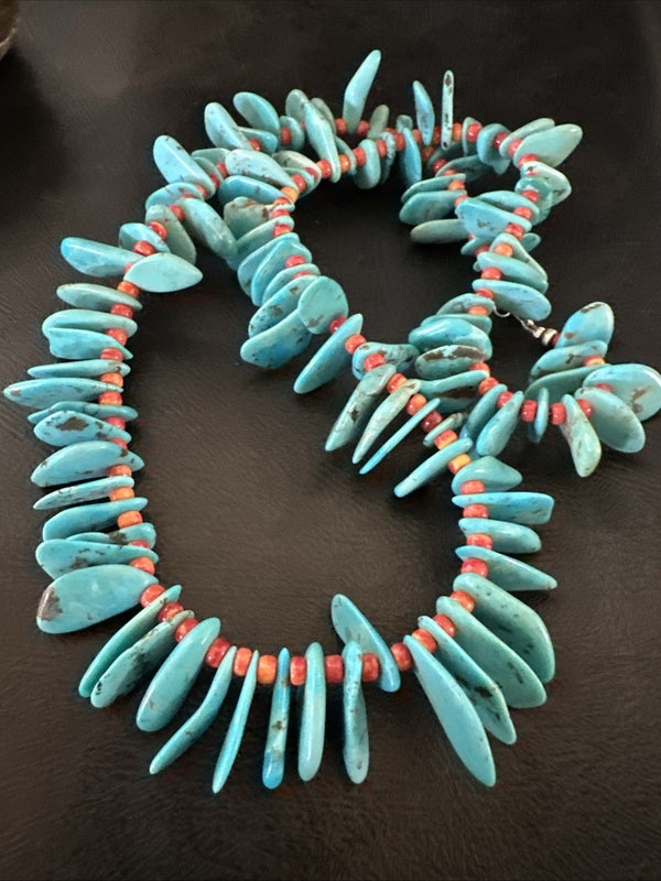 Large Blue Turquoise Red Spiny Navajo Pearls Necklace 21" | Sterling Silver | Authentic Native American Handmade | 19319