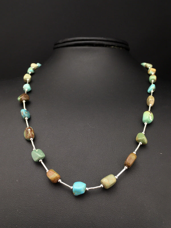 Turquoise Heishi Bead Navajo Liquid Necklace 20" | Sterling Silver | Authentic Native American Handmade | 01091