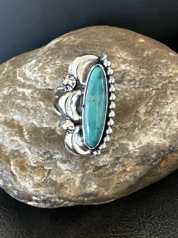 Blue Kingman Turquoise Navajo Ring Size 8 | Sterling Silver | Authentic Native American Handmade | 18633