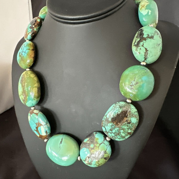 Blue Green Turquoise Nugget Chunky Navajo Necklace 20" | Sterling Silver | Authentic Native American Handmade | 19250