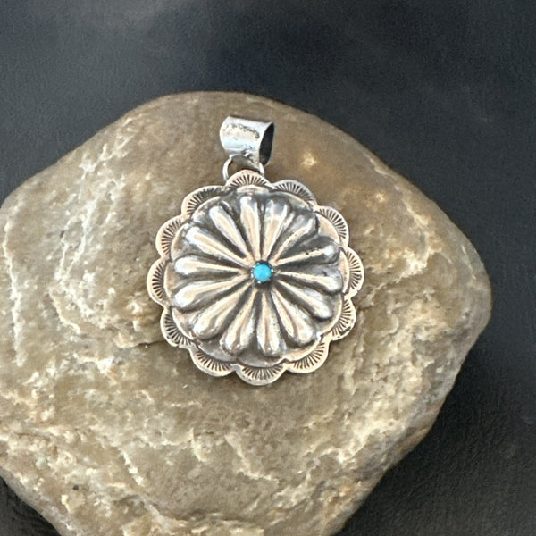 Navajo Native American Turquoise Pendant Stamped Sterling Silver 1” 19687