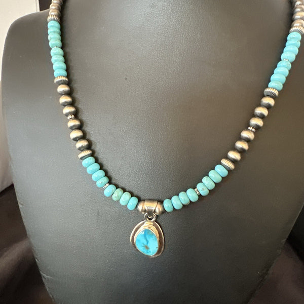 Women's Blue Kingman Turquoise Pendant Navajo Necklace 21" | Sterling Silver | Authentic Native American Handmade | 18417