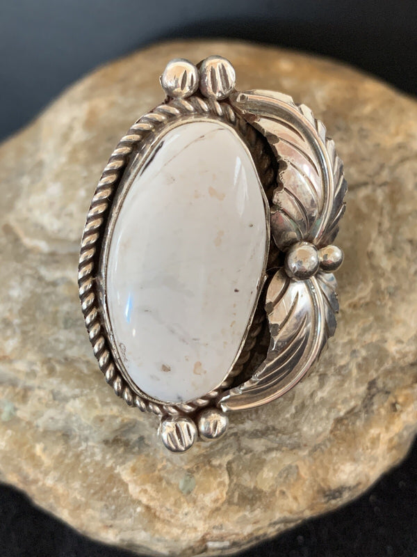 White Buffalo Turquoise Navajo Ring Size 9.5 | Sterling Silver | Authentic Native American Handmade | 00143