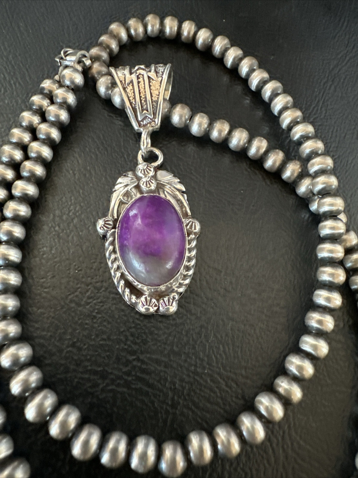 Purple Stone Pendant Sterling Silver Beads Necklace 20” 18048