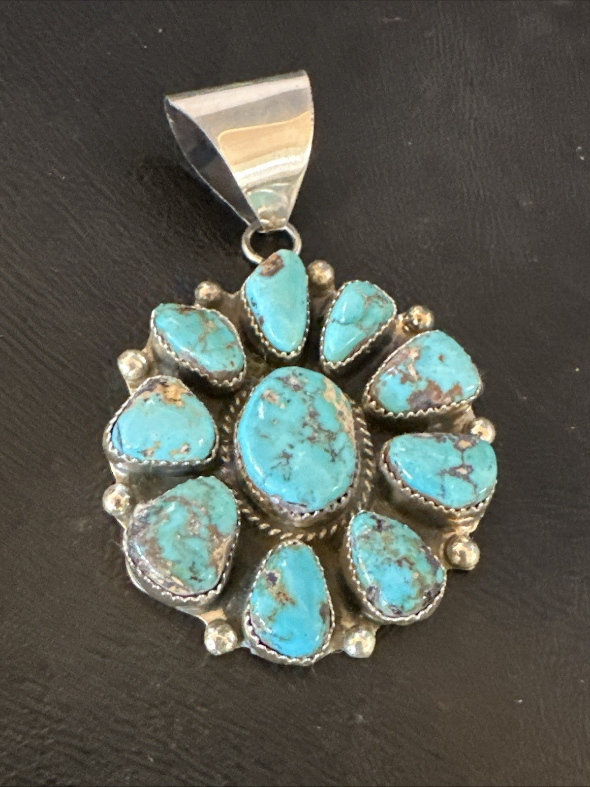 New Cluster Blue Turquoise Navajo Sterling Silver Pendant 2.75” 19118