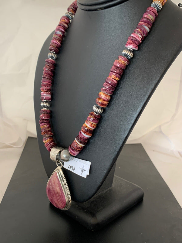 Purple Spiny Oyster Pendant Navajo Pearls Necklace | Sterling Silver | Authentic Native American Handmade | 04151