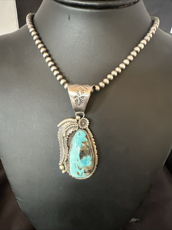 Men's Women's Blue Turquoise Pendant Beads Necklace | Sterling Silver | Authentic Native American Handmade | 18648