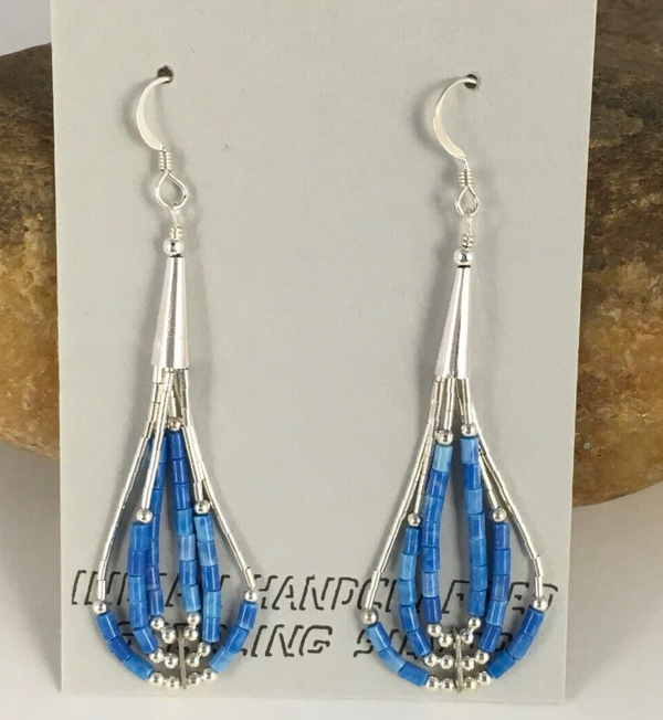 Blue Turquoise Heishi Tube Liquid Dangle Earrings 2" | Sterling Silver | Authentic Native American Handmade | 8873
