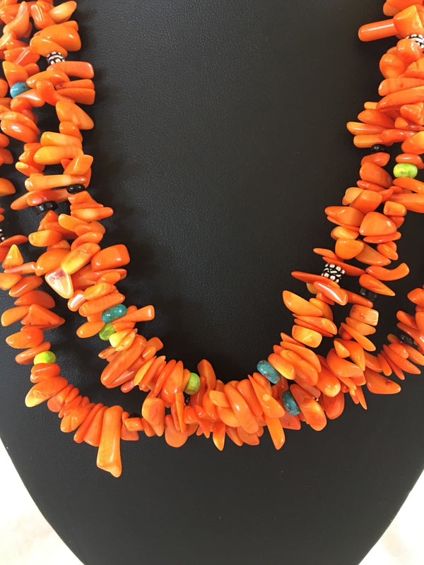 Orange Coral Turquoise Navajo 3 Strand Necklace Earrings | Authentic Native American Handmade | 372