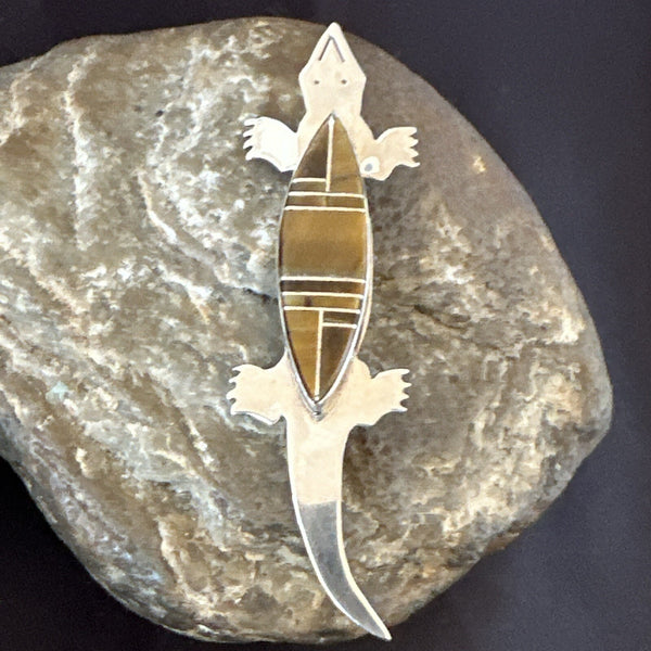 Coffee Brown Tigers Eye Navajo Gecko Inlay Lizard Pin 3� | Sterling Silver | Authentic Native American Handmade | 17950