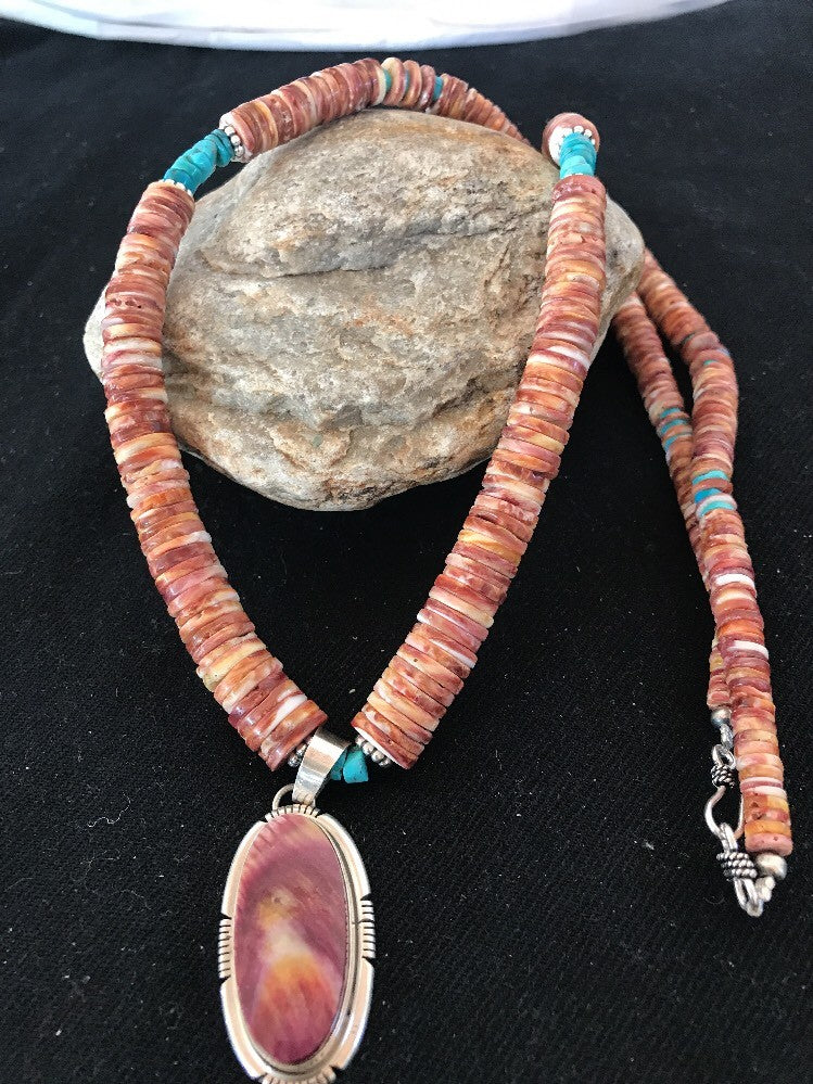 Native Navajo Sterling Silver Turquoise Spiny Oyster Bead Necklace Pendant 10040