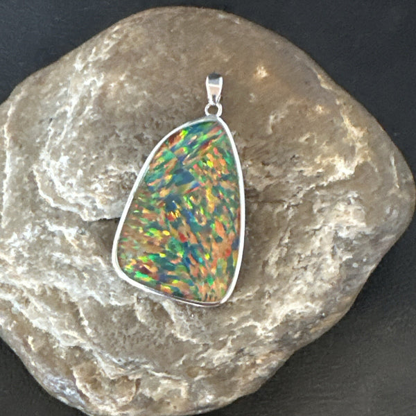 Men's Women's Multicolor Gilson Opal Navajo Inlay Pendant | Sterling Silver | Authentic Native American Handmade | 18611
