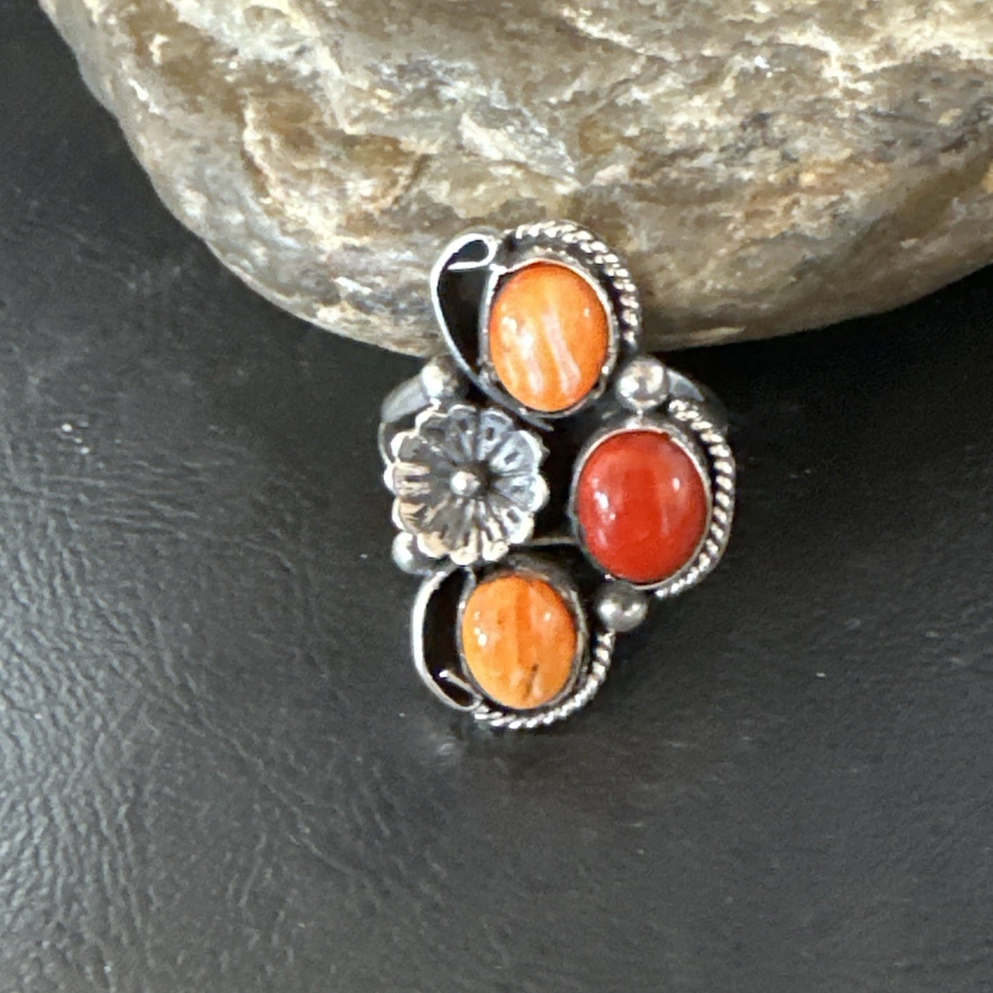 Multicolor Ring Coral Spiny Navajo Sterling Silver Cluster Sz 10.5 19196
