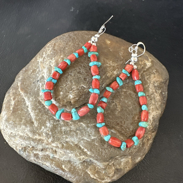 Blue Turquoise Coral Navajo Earrings 2" | Sterling Silver | Authentic Native American Handmade | 18835