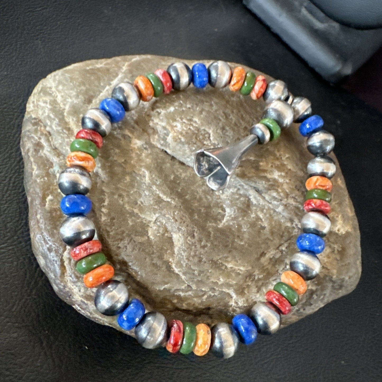 Multicolor Lapis Turquoise Stretch Bead Bracelet Navajo Sterling Silver 17908
