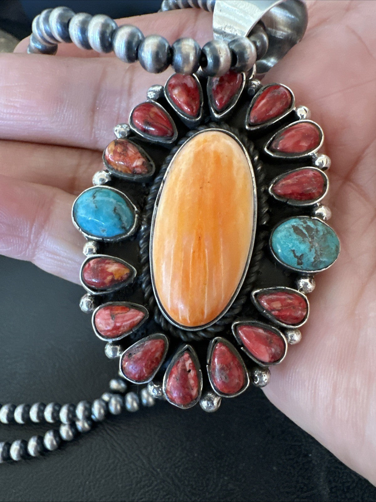 Multicolor Turquoise Spiny Navajo Sterling Silver Cluster Pendant Necklace 19564