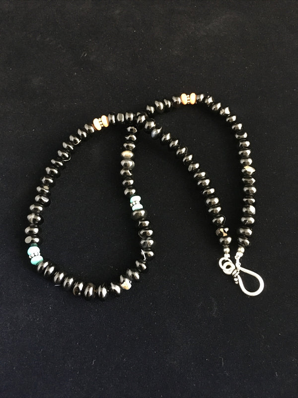 Black Onyx Turquoise Navajo Necklace 18" | Sterling Silver | Authentic Native American Handmade | 10022