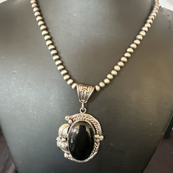 Men's Women's Black Onyx Pendant Navajo Beads Necklace | Sterling Silver | Authentic Native American Handmade | 18297