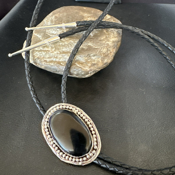Men's Black Onyx Navajo Bolo Tie | Sterling Silver | Authentic Native American Handmade | 19053