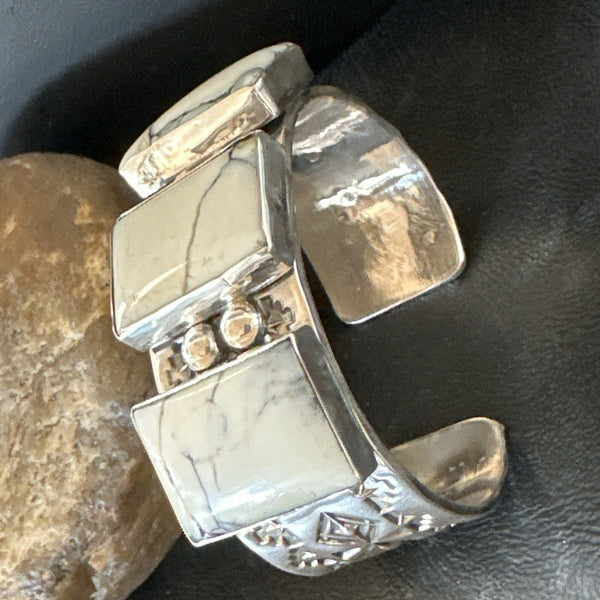 Men's Women's White Buffalo Turquoise Navajo Cuff Bracelet | Sterling Silver | Authentic Native American Handmade | 17946