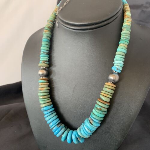 Navajo Blue Green Turquoise Necklace 20" | Sterling Silver | Authentic Native American Handmade | 11963