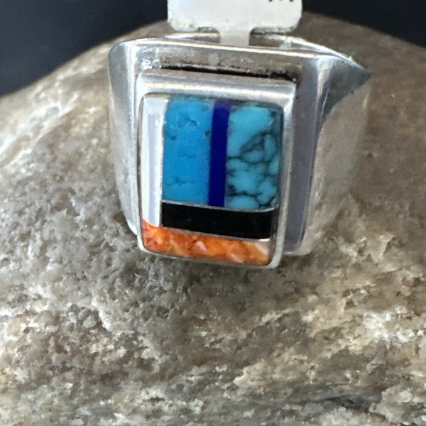 MultiColor Navajo Turquoise Spiny Oyster Inlay Ring Sz 7.5 | Sterling Silver | Authentic Native American Handmade | 18711