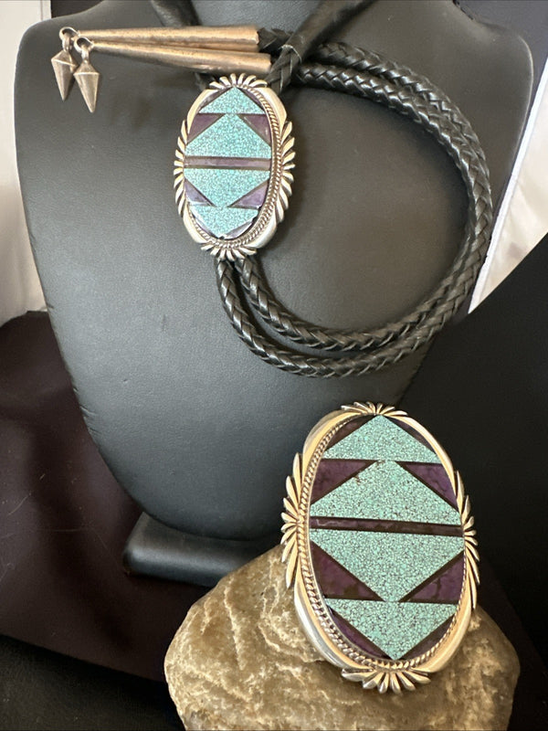 Navajo Men's BoloTie Belt Buckle Ranger Blue Turquoise | Sterling Silver | Authentic Native American Handmade | 19156