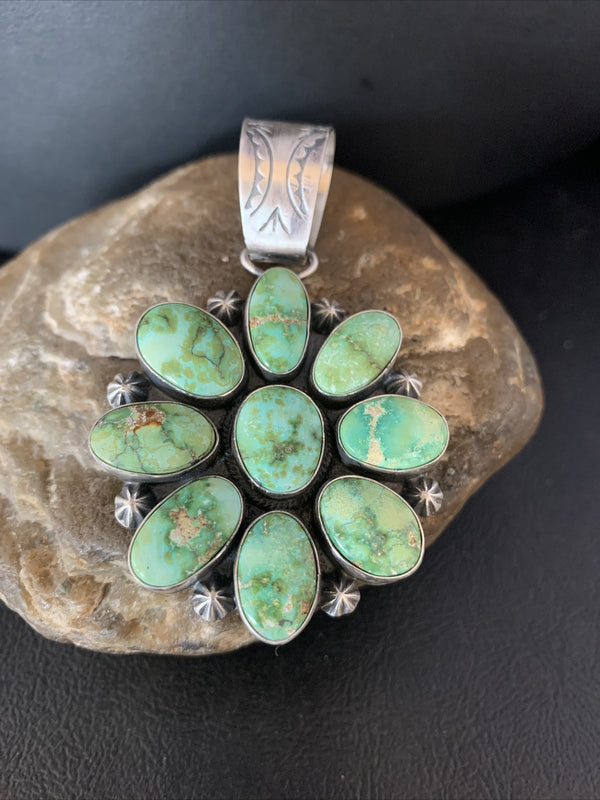 Green Sonoran Gold Turquoise Navajo Cluster Pendant | Sterling Silver | Authentic Native American Handmade | 14070