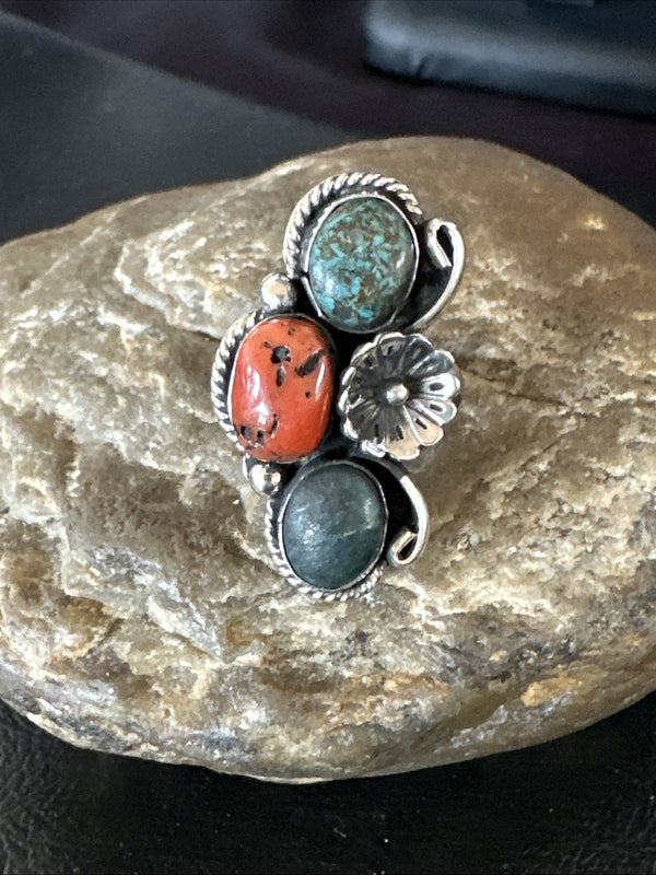 Multicolor Ring Turquoise Coral Navajo Cluster Size 8.5 | Sterling Silver | Authentic Native American Handmade | 19190