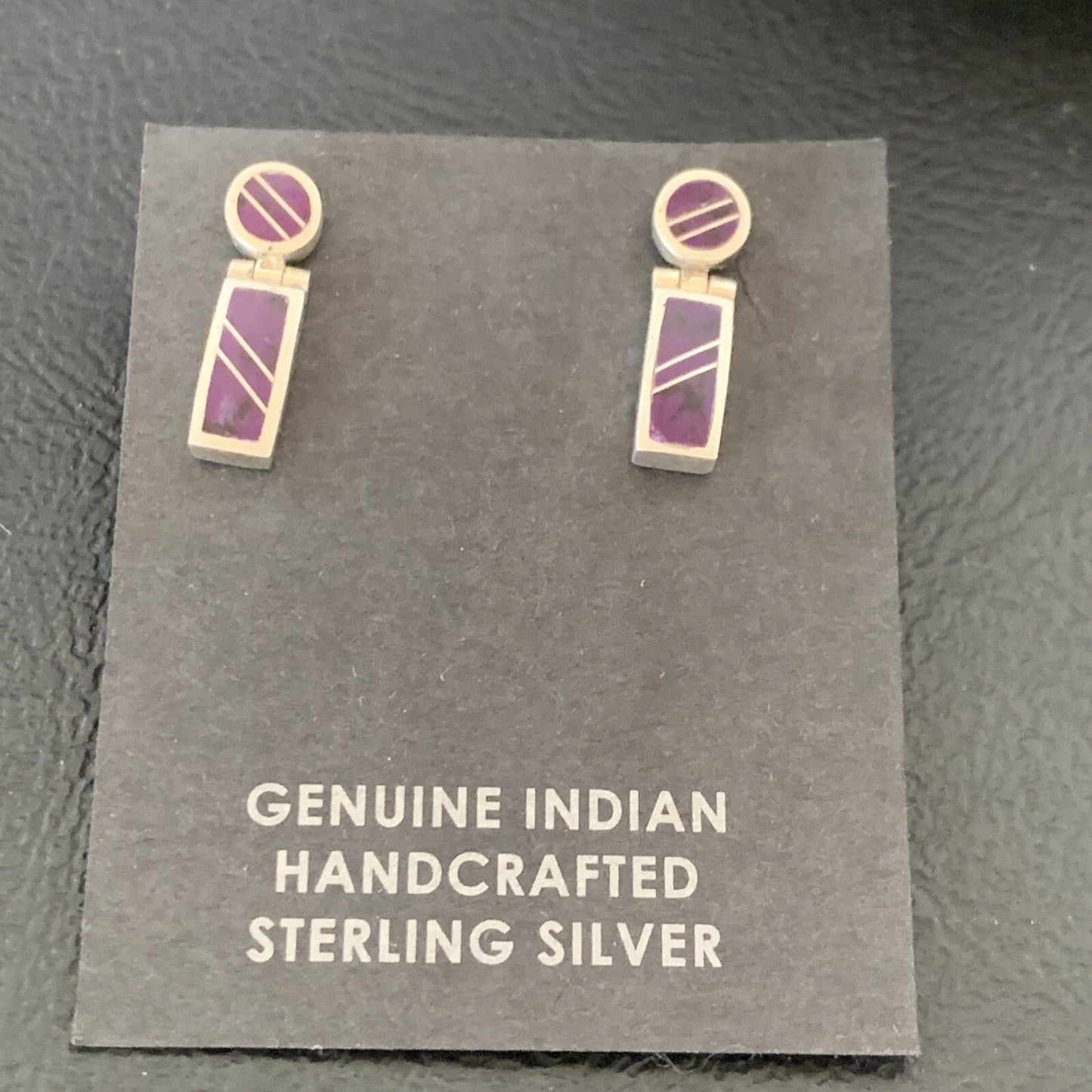 Native Purple Stone Navajo Sterling Silver Dangle Inlay Earrings 0.6" 12682