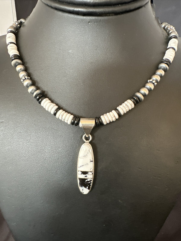 White Buffalo Turquoise Navajo Pearls Onyx Necklace | Sterling Silver | Authentic Native American Handmade | 17804