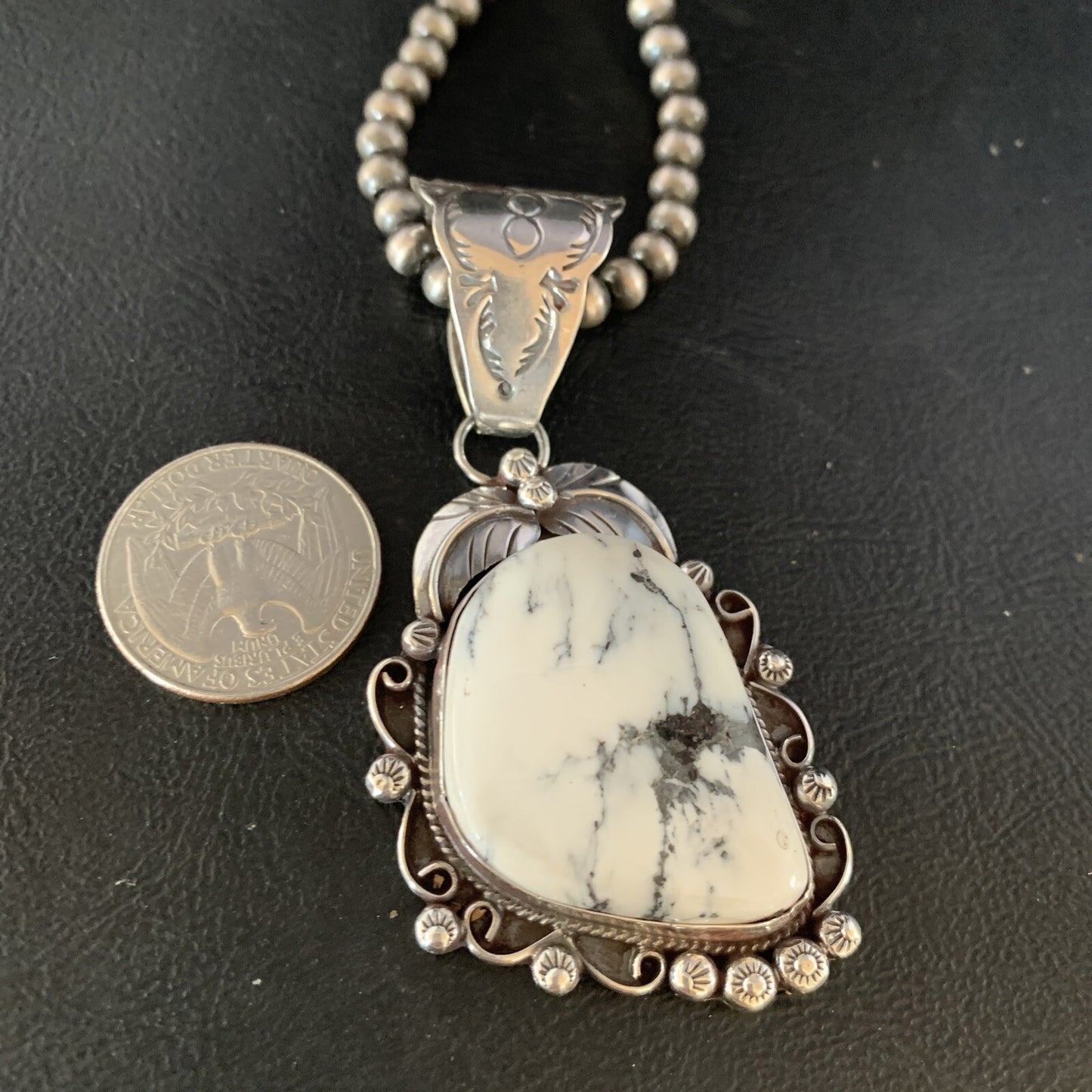 White Buffalo Turquoise Pendant Necklace Sterling Silver Navajo 13993