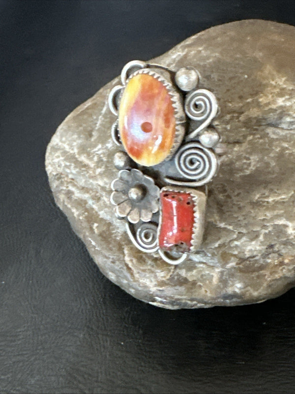 Old Pawn Spiny Oyster Coral Navajo Cluster Ring Sz 6 | Sterling Silver | Authentic Native American Handmade | 19762