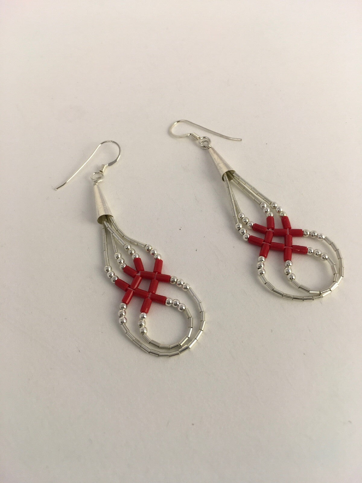 Native Red Coral Heishi Tube Liquid Sterling Silver Dangle Earrings 2" 08877
