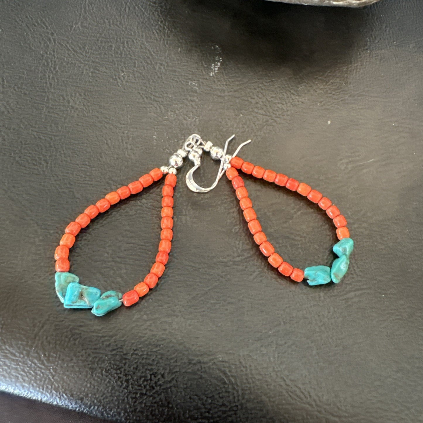 Blue Turquoise Coral Navajo Sterling Silver Earrings 2” 18833